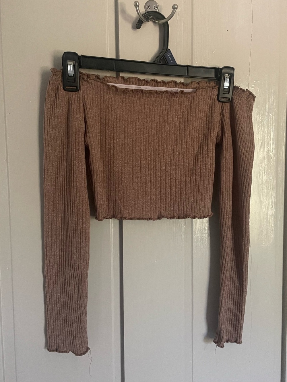 SHEIN Brown Beige Off-Shoulder Ribbed Crop Top Body-con Sexy Summer Longsleeve - Picture 2 of 12